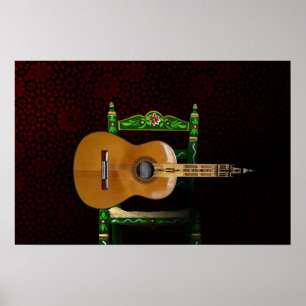 Guitarra española con Giralda de Sevilla y silla. Poster