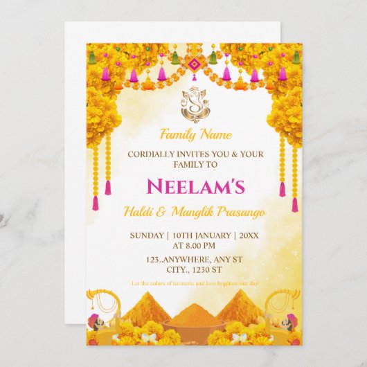 Gujarati Haldi & Manglik Prasango Uitnodigingskaar Kaart (Voorkant / Achterkant)