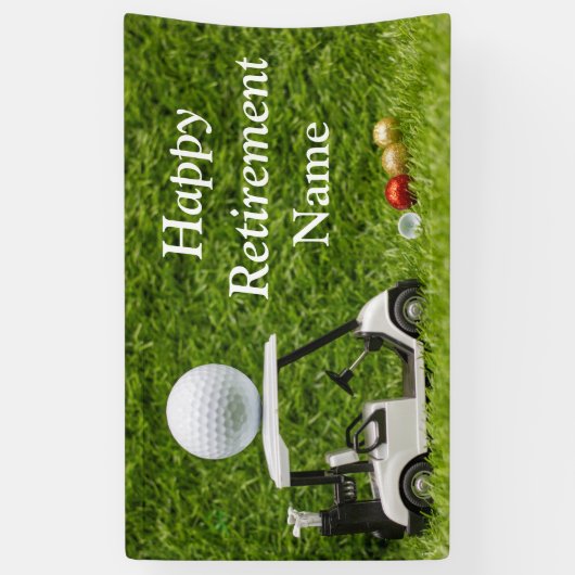Gulf-gelukkige pensionering met golfkar en bal spandoek (Verticaal)