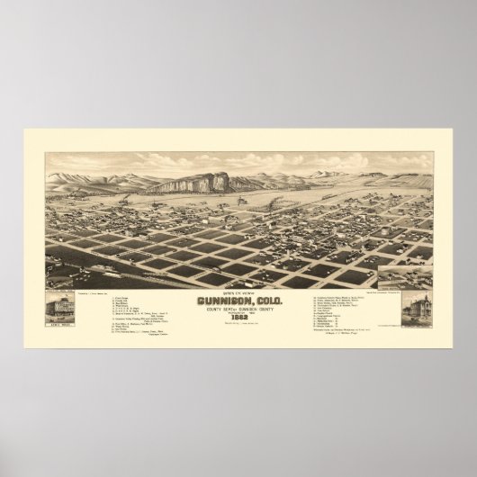 Gunnison, CO Panoramic Map - 1882 Poster (Voorkant)