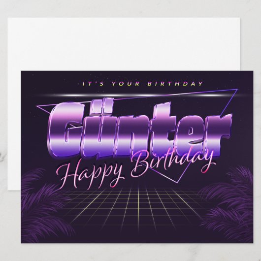 Günter prénom carte rétro violet anniversaire (Devant / Derrière)