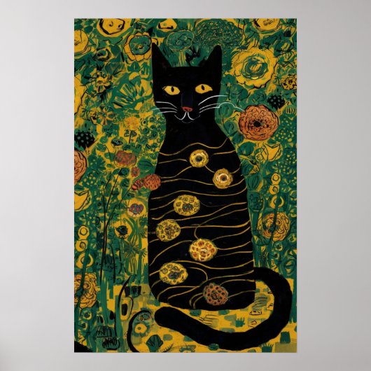  Gustav Klimt Black Cat in een bloementuin Poster (Voorkant)