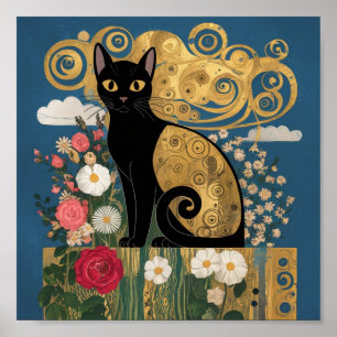Gustav Klimt Bloemen Zwarte Kat, moderne eclectisc Poster