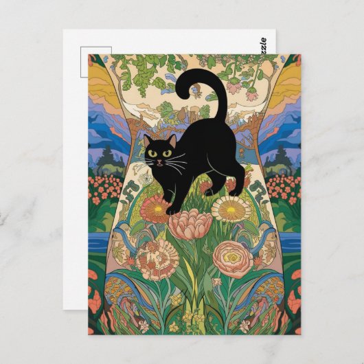 Gustav Klimt Bloemen Zwarte Kat Veranderde Kunst Briefkaart (Voorkant / Achterkant)