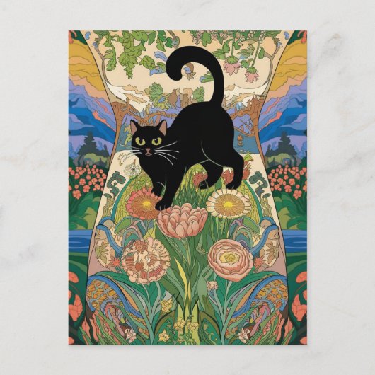 Gustav Klimt Bloemen Zwarte Kat Veranderde Kunst Briefkaart (Voorkant)