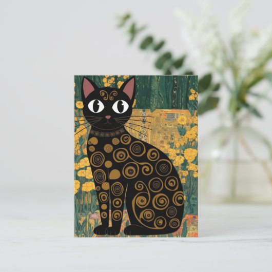Gustav Klimt Bloemen Zwarte Kat Veranderde Kunst Briefkaart (Staand voorkant)