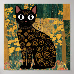 Gustav Klimt Bloemige Zwarte Kat Gewijzigde Vintag Poster