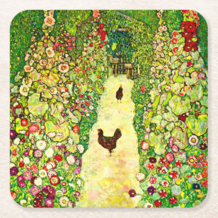 Gustav Klimt Garden met kippen Vierkante Kartonnen Onderzetter