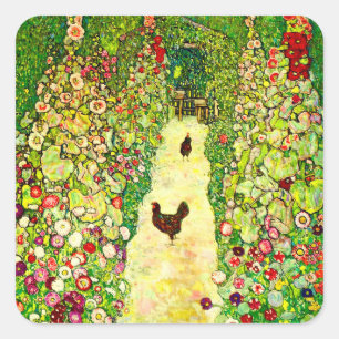 Gustav Klimt Garden met kippen Vierkante Sticker