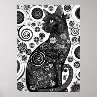 Gustav Klimt Geïnspireerd Zwart-wit Cat Poster