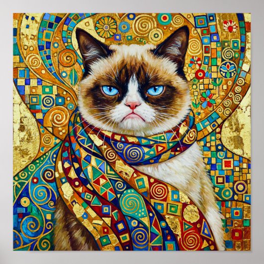 Gustav Klimt Grumpy Cat met Blauwe Ogen Poster (Voorkant)