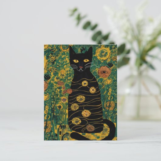 Gustav Klimt Schattigee zwarte kat in een bloement Briefkaart (Staand voorkant)