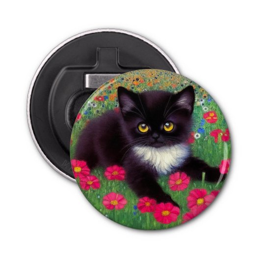 Gustav Klimt Tuxedo Cat Button Flesopener (Voorkant)