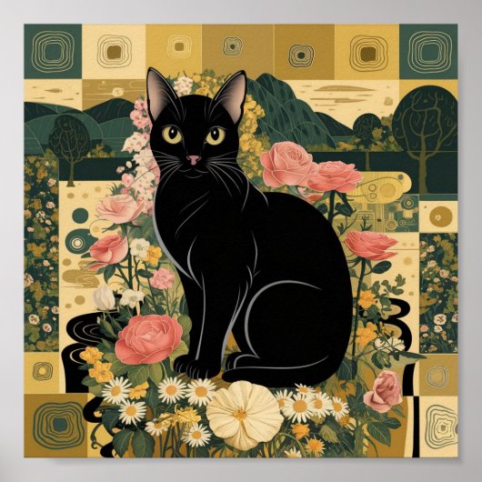 Gustav Klimt Zwarte kat in een bloementuin, katten Poster (Voorkant)