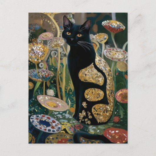 Gustav Klimt Zwarte Kat In Een Bloemtuin, CAT ART Briefkaart (Voorkant)