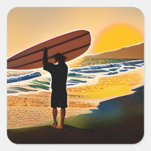Guy op het strand met Surf Board bij zonsondergang Vierkante Sticker