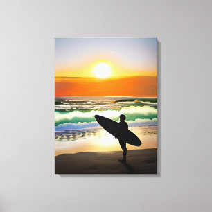 Guy op het strand met Surf Board Sunset Canvas Afdruk