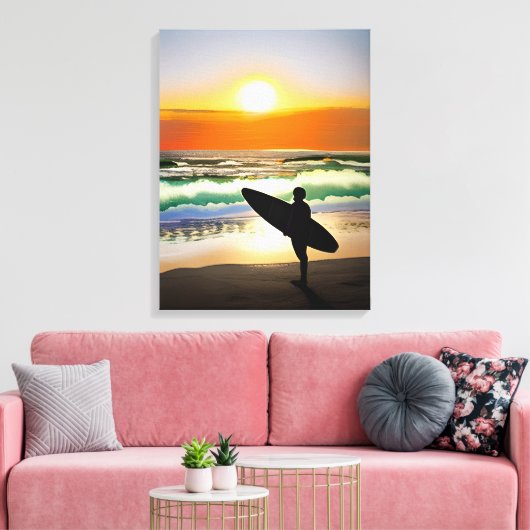 Guy op het strand met Surf Board Sunset Canvas Afdruk (Insitu (Woonkamer))
