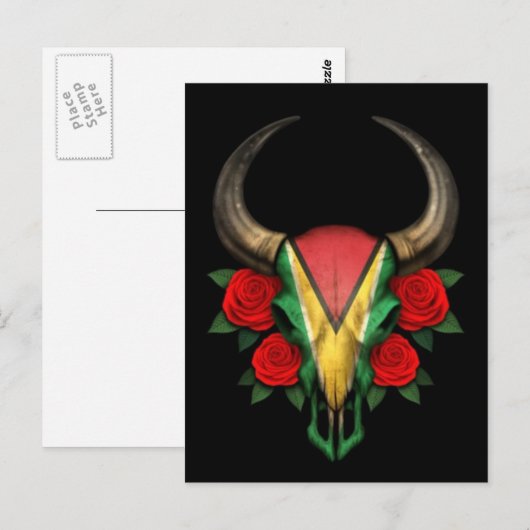 Guyana Vlag Bull Skull met rode rozen Briefkaart (Voorkant / Achterkant)