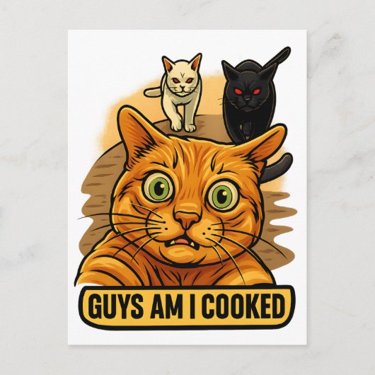 Guys Am I Cooked? Funny Cat Meme Panic Reaction Briefkaart (Voorkant)
