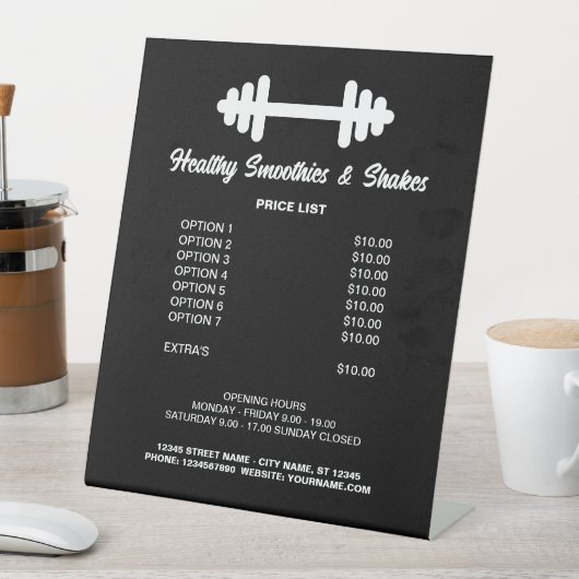 Gym smoothies & eiwit shake bar prijslijst menu reclamebord met voetstuk (Insitu)