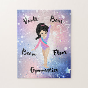 Gym Star Black Hair, bruine ogen, Paarse leotard Legpuzzel