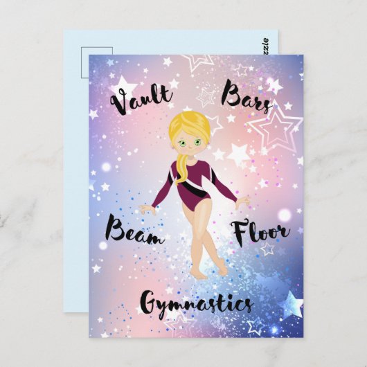 Gym Star Blonde, Green Eyes, Burgundy Leotard Briefkaart (Voorkant / Achterkant)