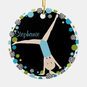 Gymnast Blonde in Aqua en Groen Gepersonaliseerd Keramisch Ornament