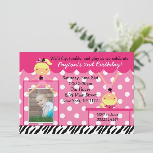 Gymnast Gymnastics Birthday Party Invitation Zebra Kaart (Staand voorkant)
