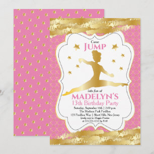 Gymnast Pink   Gold Stars Girl Birthday Party Kaart