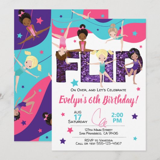 Gymnastics Birthday Invitation, Jump Invitation Kaart (Voorkant / Achterkant)