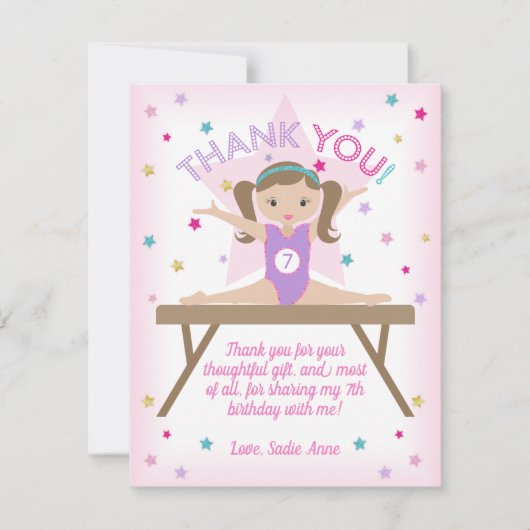 Gymnastics Birthday Party Brown Hair Dank u Bedankkaart (Voorkant)