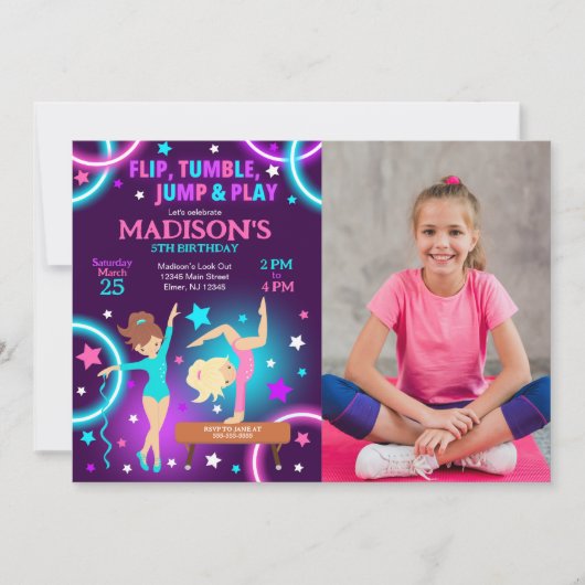 Gymnastics Birthday Photo Invitation Neon Party (Devant)