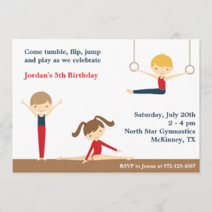 Gymnastics Boy and Girl Birthday Party Invitation Kaart