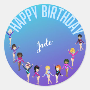 Gymnastics Friends "Happy Birthday" Turquoise Ronde Sticker