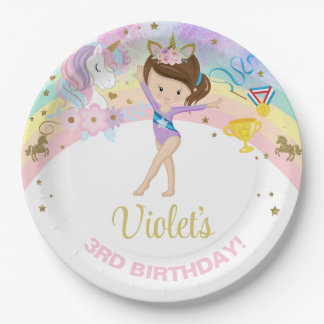 Gymnastics girl & Unicorn birthday paper plates. Papieren Bordje