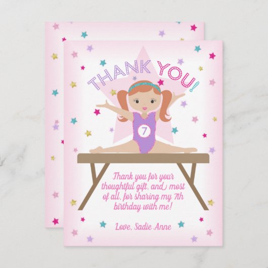 Gymnastiek Birthday Party Red Hair Dank je Bedankkaart (Voorkant / Achterkant)