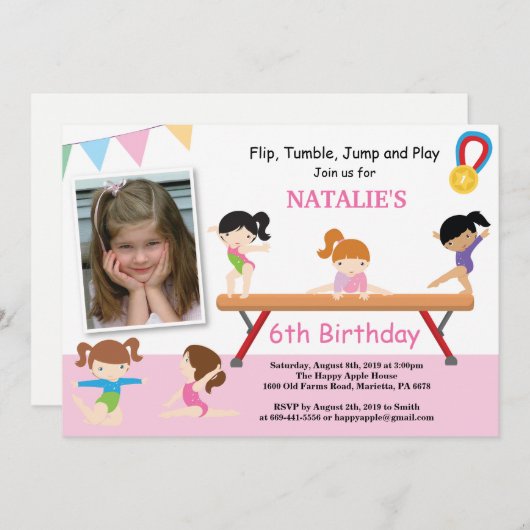 Gymnastiek Birthday Uitnodiging Roze Gym Partij (Voorkant / Achterkant)