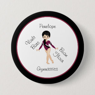 Gymnastiek Black Hair, bruine ogen, Bourgogne Leo Ronde Button 7,6 Cm