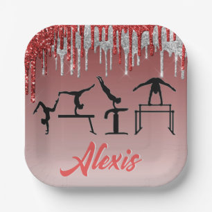 Gymnastiek Red en Silver Glitter Drip Ombre Papieren Bordje