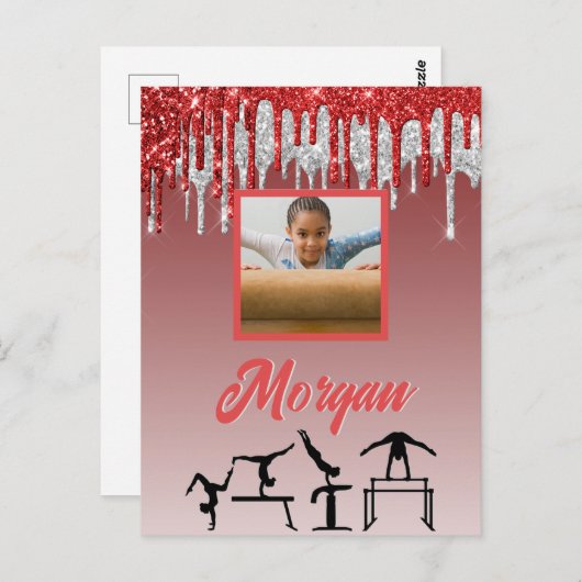 Gymnastiek Rood & Zilver Glitter Drip Aangepaste f Briefkaart (Voorkant / Achterkant)