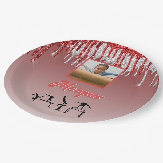 Gymnastiek Rood & Zilver Glitter Drip Aangepaste f Papieren Bordje (Gekanteld)
