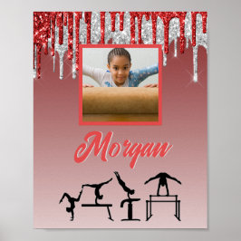 Gymnastiek Rood & Zilver Glitter Drip Aangepaste f Poster