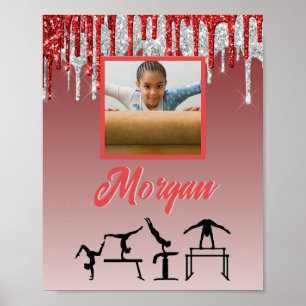 Gymnastiek Rood & Zilver Glitter Drip Aangepaste f Poster