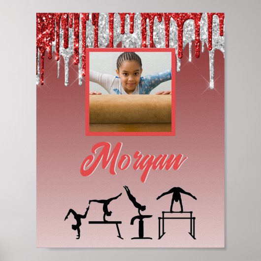Gymnastiek Rood & Zilver Glitter Drip Aangepaste f Poster (Voorkant)