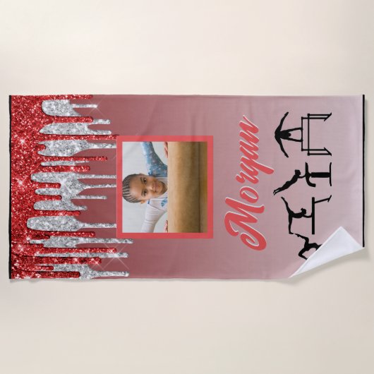 Gymnastiek Rood & Zilver Glitter Drip Aangepaste f Strandlaken (Voorkant)
