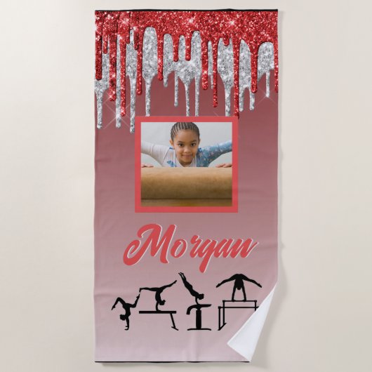 Gymnastiek Rood & Zilver Glitter Drip Aangepaste f Strandlaken (Voorkant)