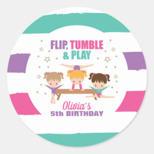 Gymnastiek Roze Paarse Turquoise Girl Birthday Pap Ronde Sticker
