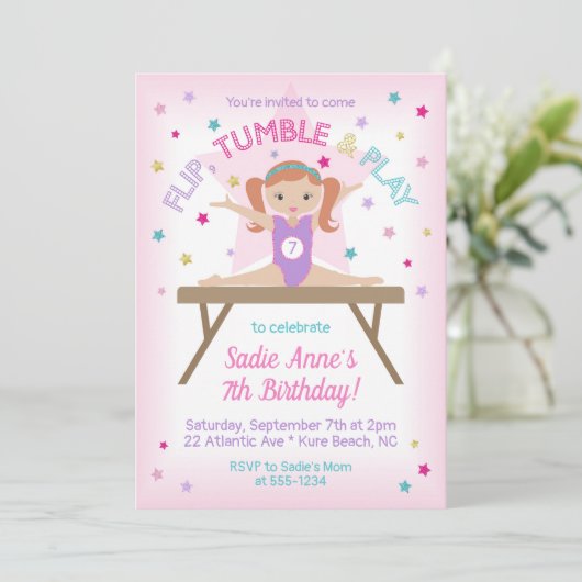 Gymnastiek Sprong Verjaardagsfeestje Rood Haar Kaart (Staand voorkant)