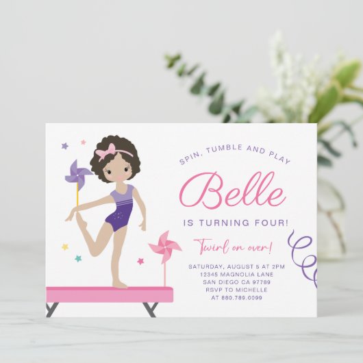 Gymnastiek Verjaardag Uitnodiging met Pinwheels (Staand voorkant)